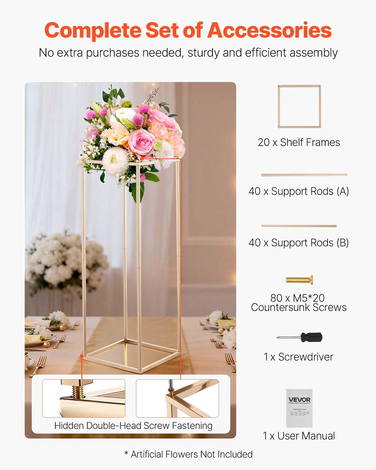 Wedding Flower Stand, 10PCS 80cm Column Flower Stand, Floral Stands with Hidden Screw, Rectangular Cubic Floral Display Rack for Wedding, Party, Birthday, Home, Gold Centerpiece Stands
