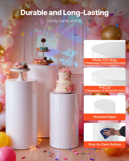 Wedding Flower Stand, 3PCS 60/75/90cm Round Cylinder Plinth, White Pedestal Stand with PVC Lid, Cylindrical Pedestal Stands for Wedding, Party, Birthday, Art Decor, 15kg Load