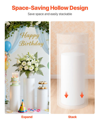 Wedding Flower Stand, 3PCS 60/75/90cm Round Cylinder Plinth, White Pedestal Stand with PVC Lid, Cylindrical Pedestal Stands for Wedding, Party, Birthday, Art Decor, 15kg Load