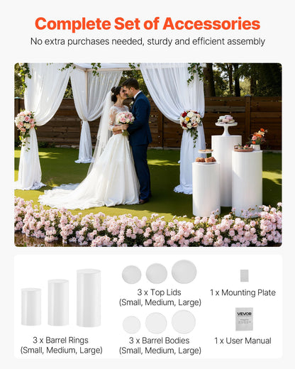 Wedding Flower Stand, 3PCS 60/75/90cm Round Cylinder Plinth, White Pedestal Stand with PVC Lid, Cylindrical Pedestal Stands for Wedding, Party, Birthday, Art Decor, 15kg Load