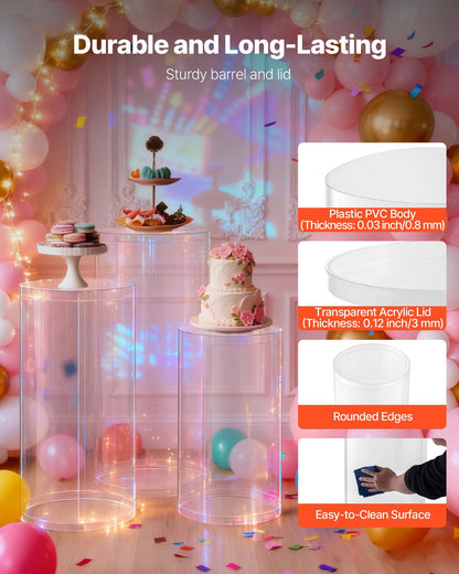 Wedding Flower Stand, 3PCS 60/75/90cm Round Cylinder Plinth, Clear Pedestal Stand with Transparent Acrylic Lid, Cylindrical Pedestal Stands for Wedding, Party, Birthday, Art Decor