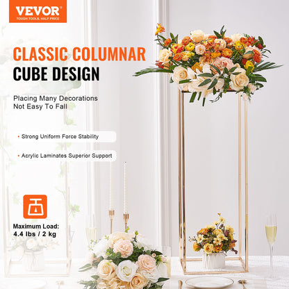 2PCS 31.5inch/80cm High Wedding Flower Stand, With Acrylic Laminate,Metal Vase Column Geometric Centerpiece Stands, Gold Rectangular Floral Display Rack for Events Reception, Party Decoration