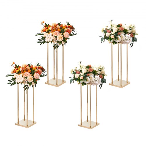 4 st guldfärgade metallpelare för bröllopsblommor, 23,6 tum / 60 cm höga med metalllaminat, geometriska vasställ för mittpunkten, cylindriska blomsterställ för evenemangsmottagningar, festvägleder
