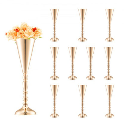 10PCS 43cm/16.9” Tall Wedding Flower Vase, Metal Wedding Trumpet Centerpiece, Gold Floral Stand Display Rack for Tables Wedding Dinner Party, Anniversary Ceremony Birthday Event Decor