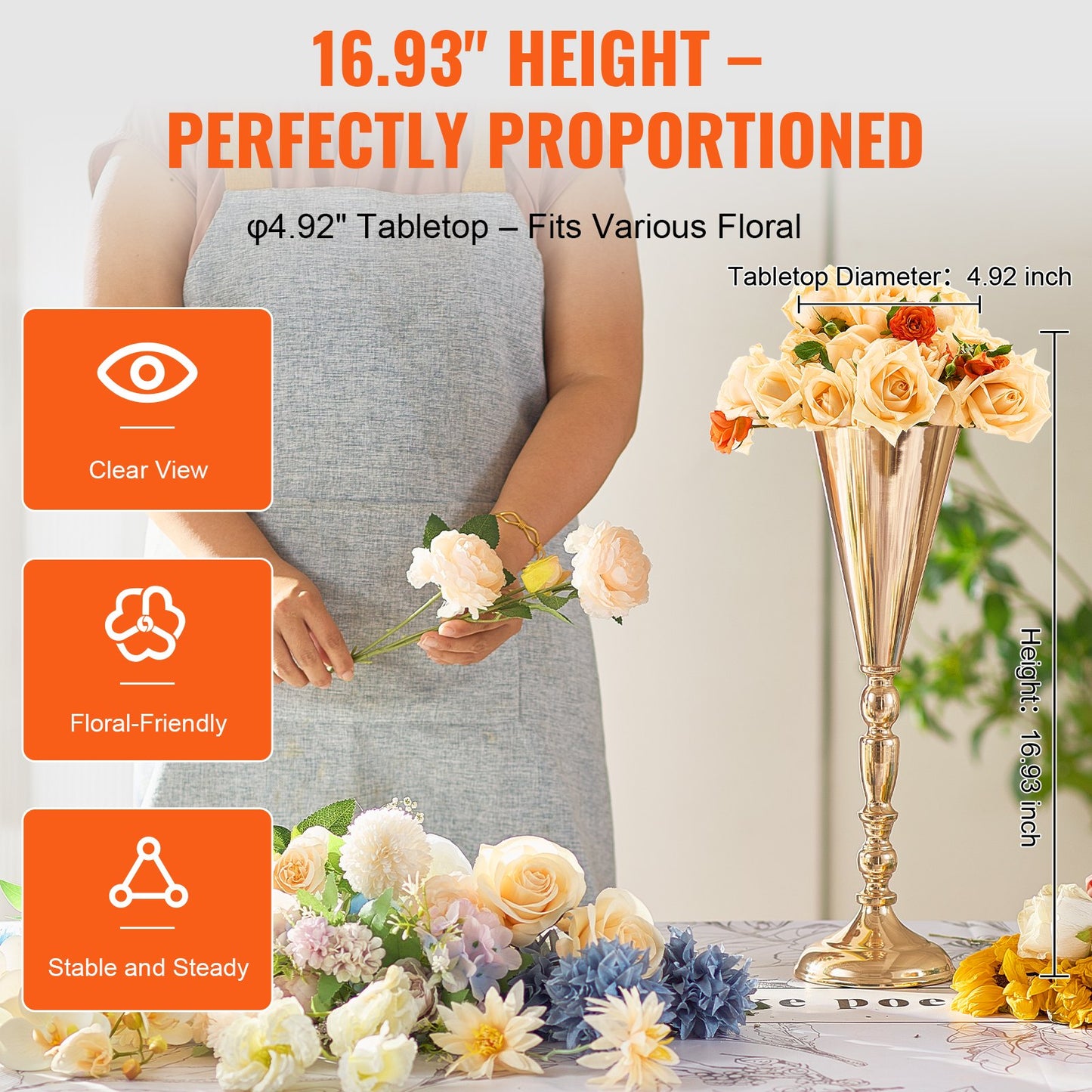 10PCS 43cm/16.9” Tall Wedding Flower Vase, Metal Wedding Trumpet Centerpiece, Gold Floral Stand Display Rack for Tables Wedding Dinner Party, Anniversary Ceremony Birthday Event Decor