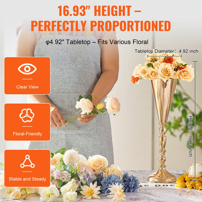 10PCS 43cm/16.9” Tall Wedding Flower Vase, Metal Wedding Trumpet Centerpiece, Gold Floral Stand Display Rack for Tables Wedding Dinner Party, Anniversary Ceremony Birthday Event Decor