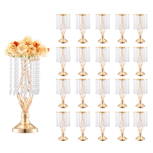 20PCS 43cm/16.9” Tall Crystal Wedding Flower Stand, Metal Wedding Centerpiece Vase, Gold Flower Holders Floral Display Rack for Tables Wedding Dinner Party, Ceremony Birthday Event Decor