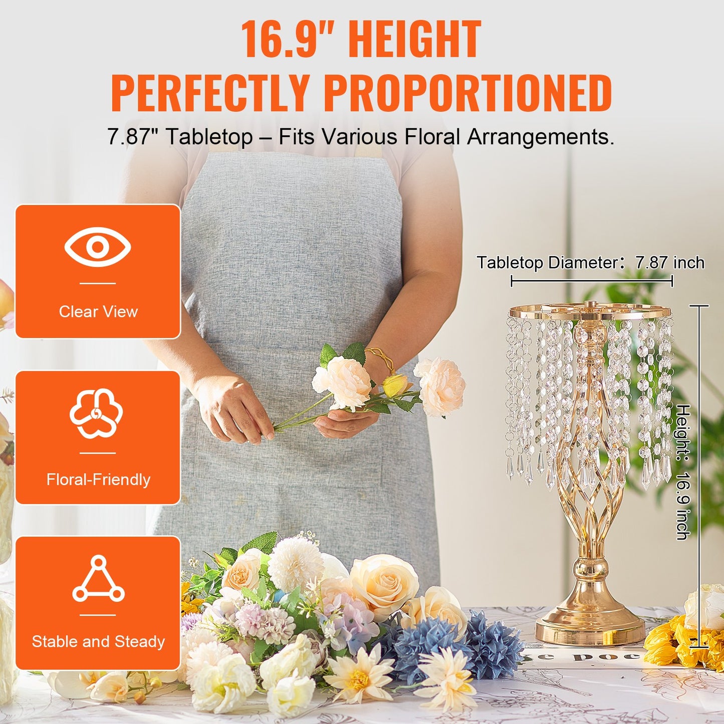 20PCS 43cm/16.9” Tall Crystal Wedding Flower Stand, Metal Wedding Centerpiece Vase, Gold Flower Holders Floral Display Rack for Tables Wedding Dinner Party, Ceremony Birthday Event Decor