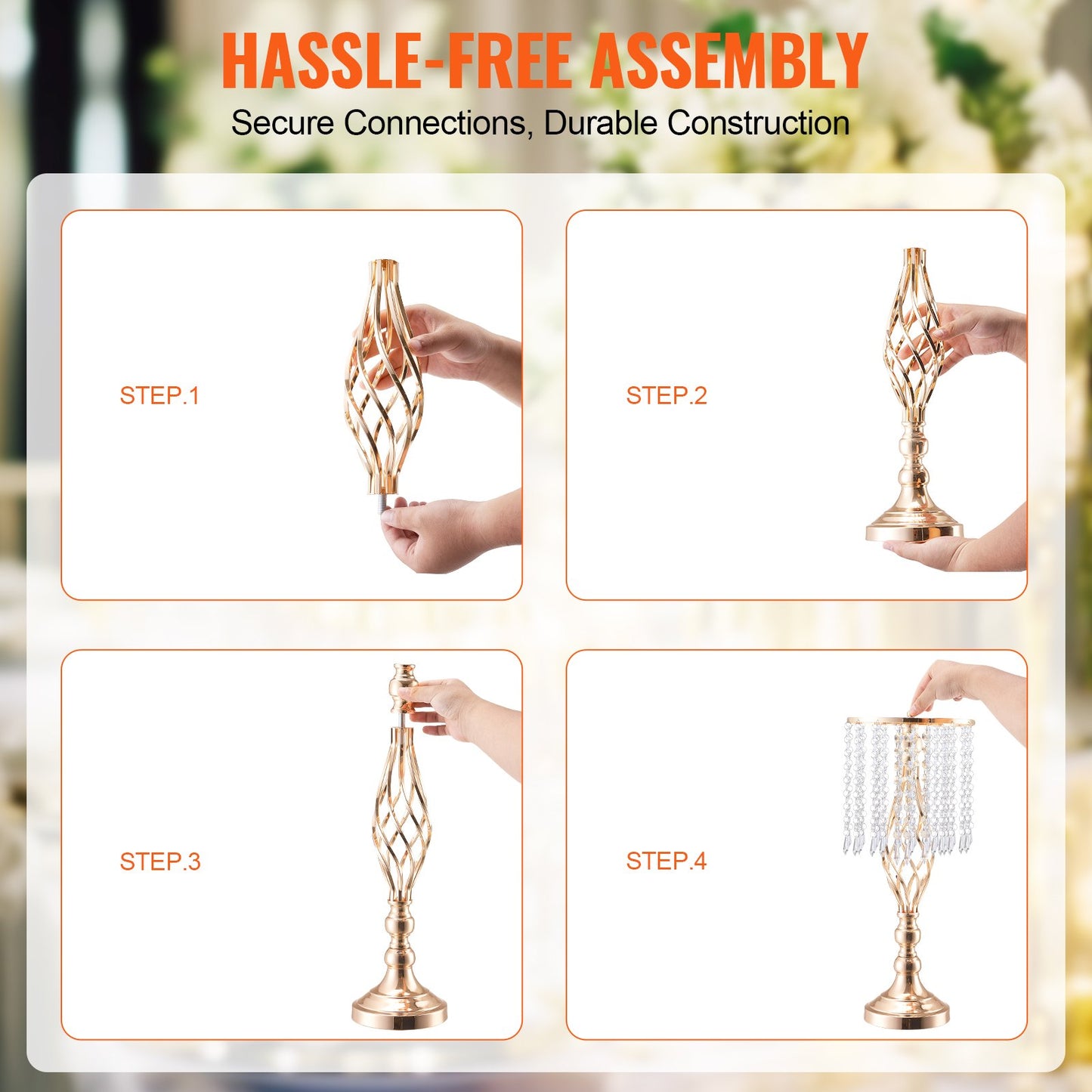 12PCS 49cm/19.3” Tall Crystal Wedding Flower Stand, Metal Wedding Centerpiece Vase, Gold Flower Holders Floral Display Rack for Tables Wedding Dinner Party, Ceremony Birthday Event Decor