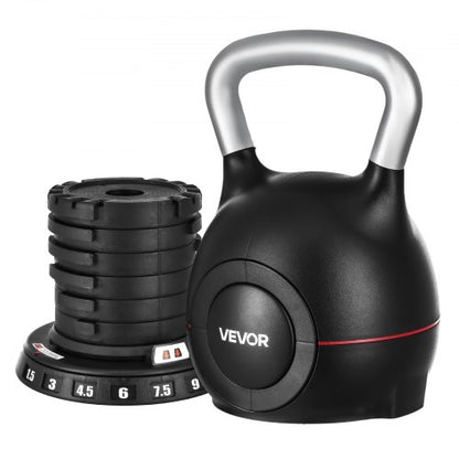 Kettlebell, justerbar kettlebell med 7 viktnivåer (1,5, 3, 4,5, 6, 7,5, 9, 10 kg), gjuten aluminium och ABS-material, för styrketräning, helkroppsträning och crosstraining