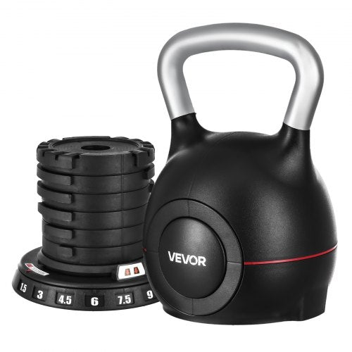 Kettlebell, justerbar kettlebell med 7 viktnivåer (1,5, 3, 4,5, 6, 7,5, 9, 10 kg), gjuten aluminium och ABS-material, för styrketräning, helkroppsträning och crosstraining
