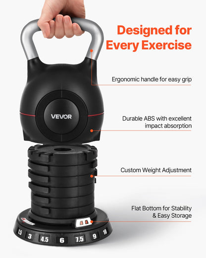 Kettlebell, justerbar kettlebell med 7 viktnivåer (1,5, 3, 4,5, 6, 7,5, 9, 10 kg), gjuten aluminium och ABS-material, för styrketräning, helkroppsträning och crosstraining