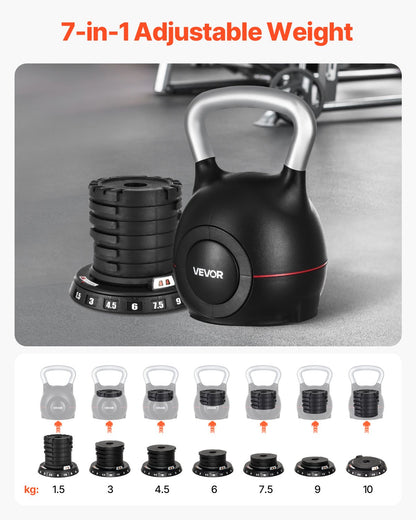 Kettlebell, justerbar kettlebell med 7 viktnivåer (1,5, 3, 4,5, 6, 7,5, 9, 10 kg), gjuten aluminium och ABS-material, för styrketräning, helkroppsträning och crosstraining