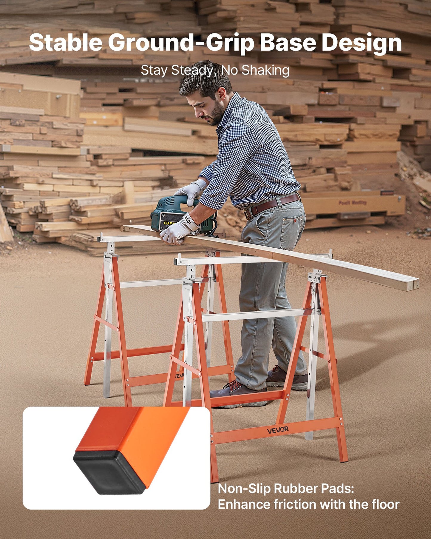 Sågbockar, 2-pack hopfällbara arbetsbockar, 199,6 kg lastkapacitet Sågbock med kraftiga ben, justerbar höjd sågbock med halkfria fotplattor, för träbearbetning, snickare och entreprenörer