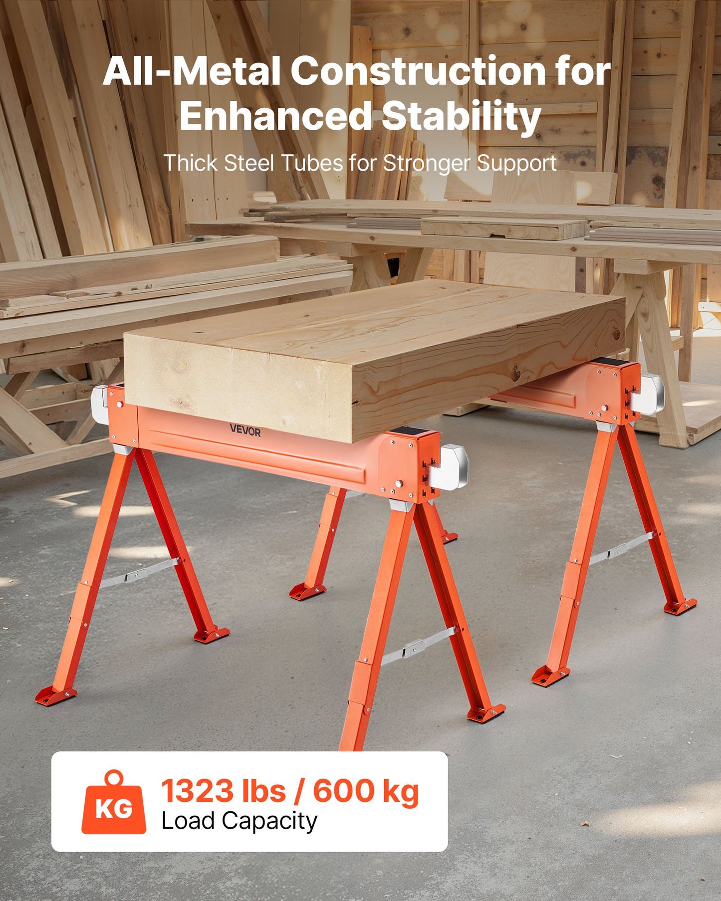 Sågbockar, 2-pack hopfällbara arbetsbockar, 600,1 kg lastkapacitet sågbock med kraftiga ben, bärbar sågbock i helmetall med halkfria fotplattor, för träbearbetning, snickare och entreprenörer