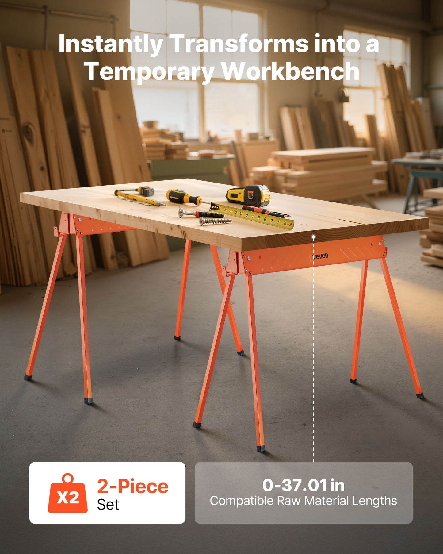 Sågbockar, 2-pack hopfällbara arbetsbockar, 299,4 kg lastkapacitet Sågbock med kraftiga ben, bärbar sågbock i helmetall med halkfria fotplattor, för träbearbetning, snickare och entreprenörer