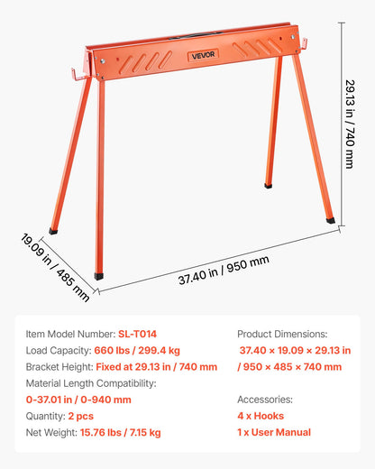 Sågbockar, 2-pack hopfällbara arbetsbockar, 299,4 kg lastkapacitet Sågbock med kraftiga ben, bärbar sågbock i helmetall med halkfria fotplattor, för träbearbetning, snickare och entreprenörer