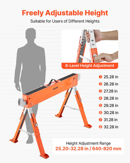 Sågbockar, 2-pack hopfällbara arbetsbockar, sågbock med lastkapacitet 816,5 kg och kraftiga ben, sågbock med justerbar höjd och halkfria fotplattor, för träbearbetning, snickare och entreprenörer