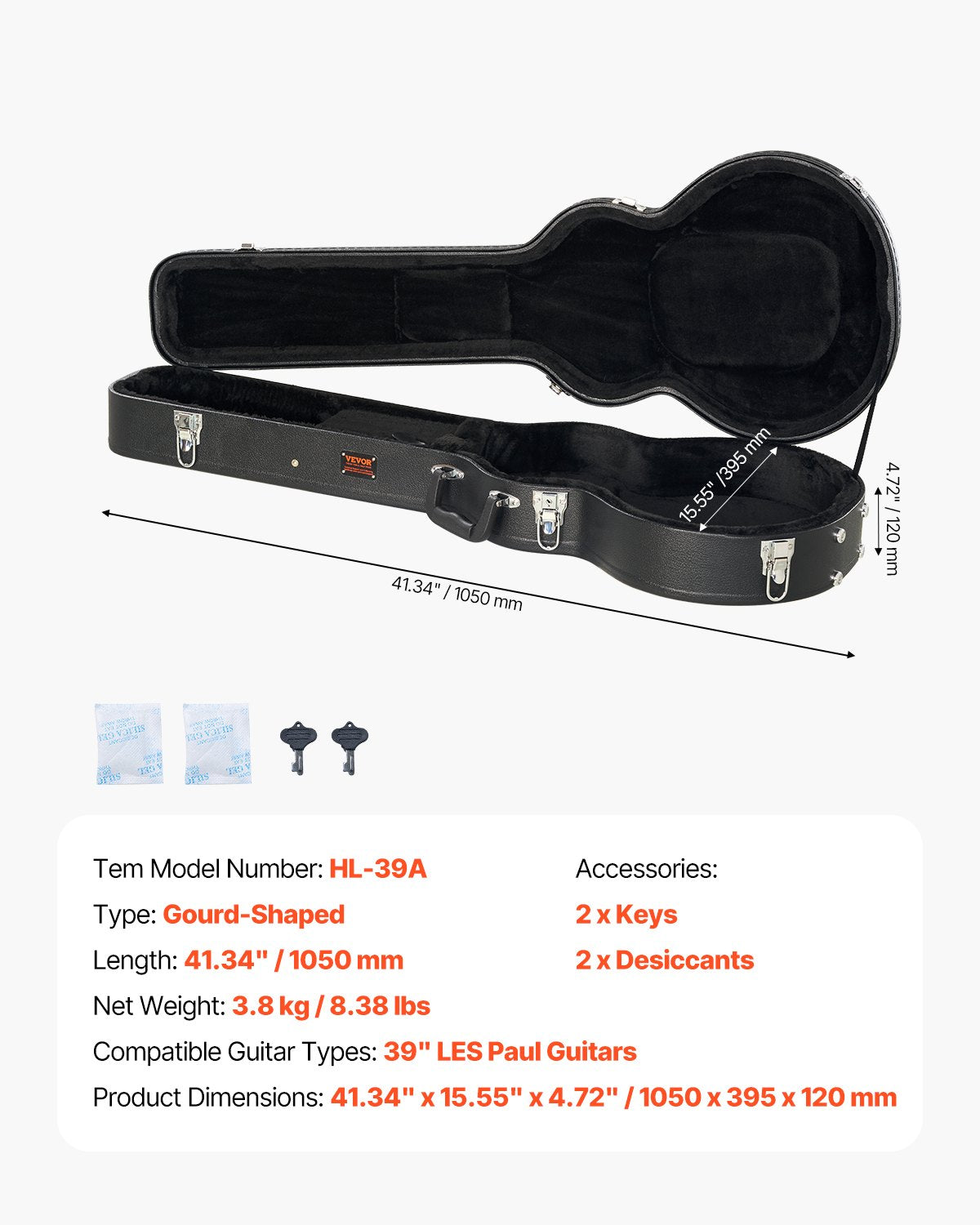 Electric Guitar Hard Case 41.34 in/105cm With Lock And Key for LES Paul Guitars