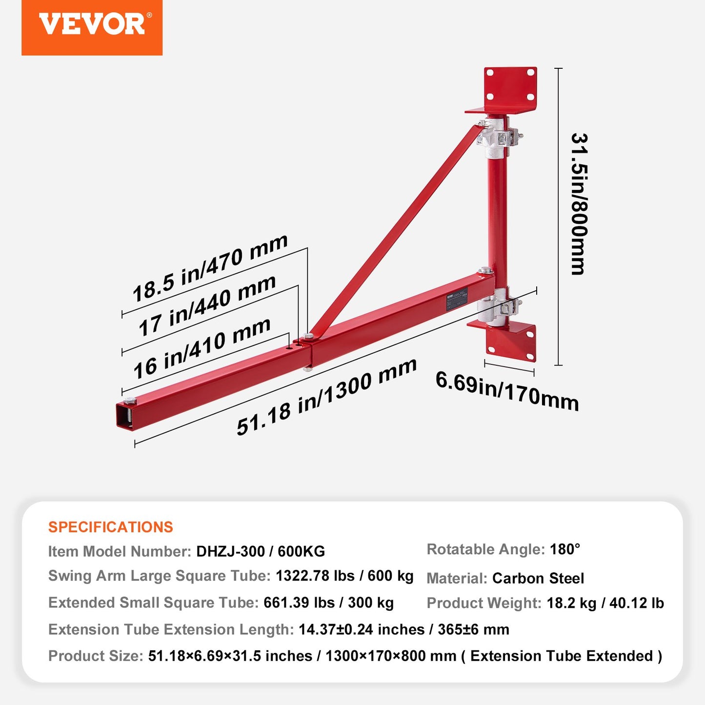 Electric Hoist Support Arm, 600 kg Max Load Capacity, Electric Hoist Holder Swing Arm with Pole, Steel Hoist Frame, 180° Swivel Scaffold Hoist Lifting Arm, Winch Hoist Arm for Workshop, Garage