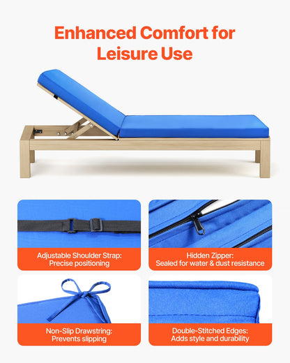 Schäslongdyna, 183 x 53,3 x 7,5 cm, Dynor för utomhuslounge, Vattentäta och blekningsbeständiga, Ersättningsdynor för solsängar med band, Solsängdynor för pooldäck, gräsmatta, blå