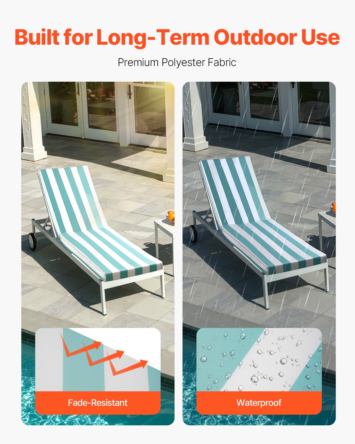 Schäslongdyna, 203x66x9,8 cm, Set med 2 utomhusdynor för solstolar, Vattentäta och blekningsbeständiga solsängdynor med band, Solsängdynor för pooldäck, Grön och vit rand