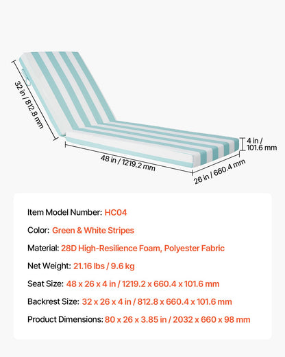 Schäslongdyna, 203x66x9,8 cm, Set med 2 utomhusdynor för solstolar, Vattentäta och blekningsbeständiga solsängdynor med band, Solsängdynor för pooldäck, Grön och vit rand