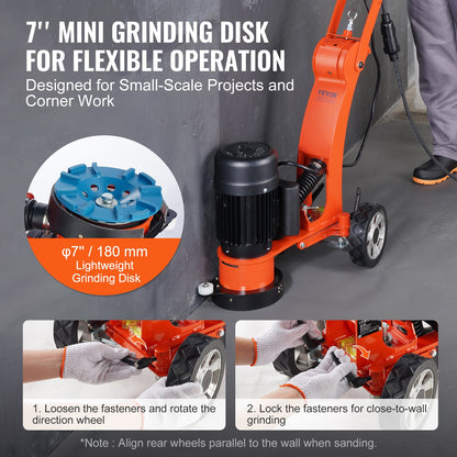 Concrete Floor Grinder 7"/17.8 cm Walk-Behind Polisher 2.0HP Adjustable Machine