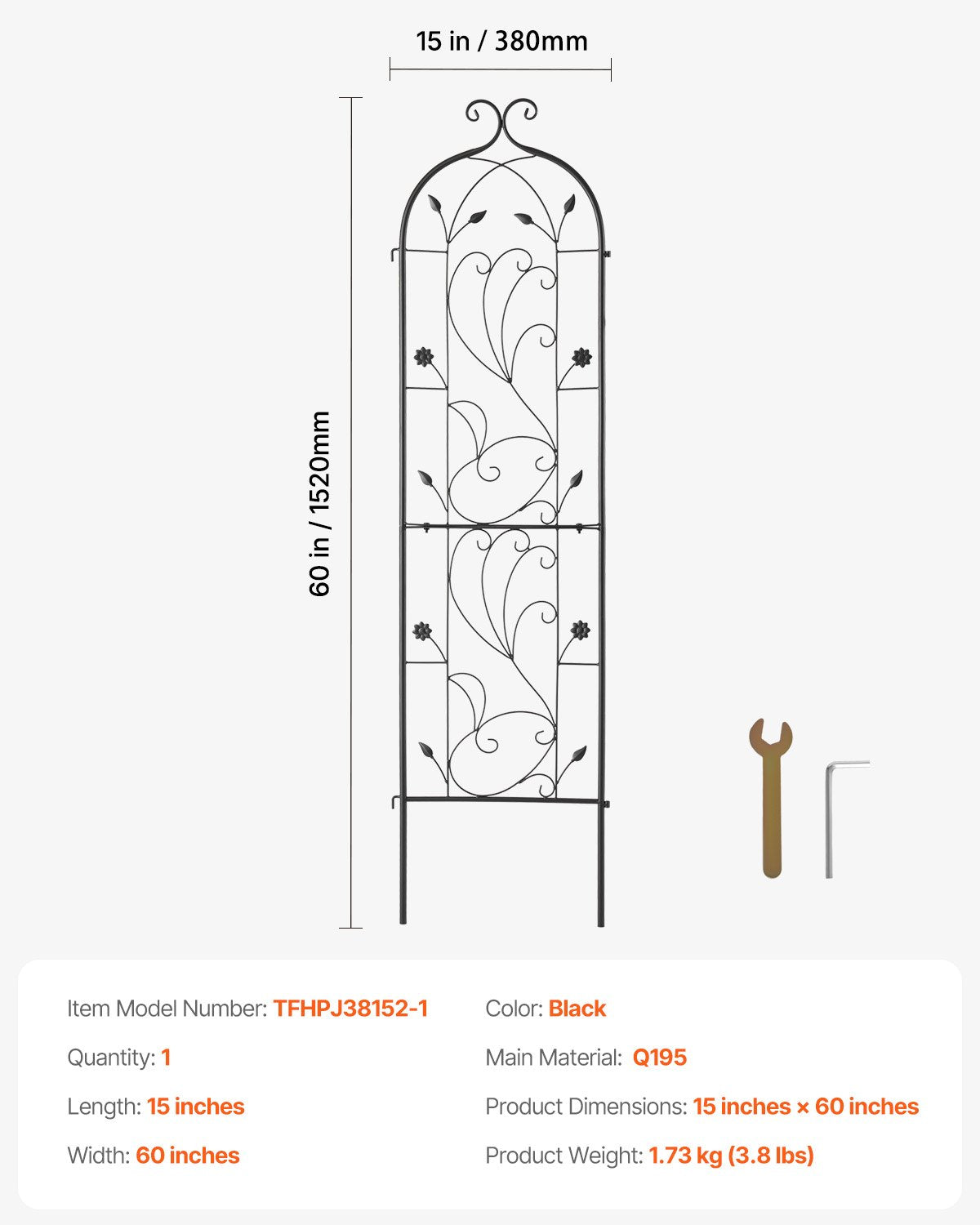 Garden Trellis for Climbing Plants, 60 x 15 in, Rustproof Metal Garden Flower Trellis, Outdoor Climbing Rose Trellis Cucumbers Support, Decorative Tall Clematis Trellis for Courtyards Lawns