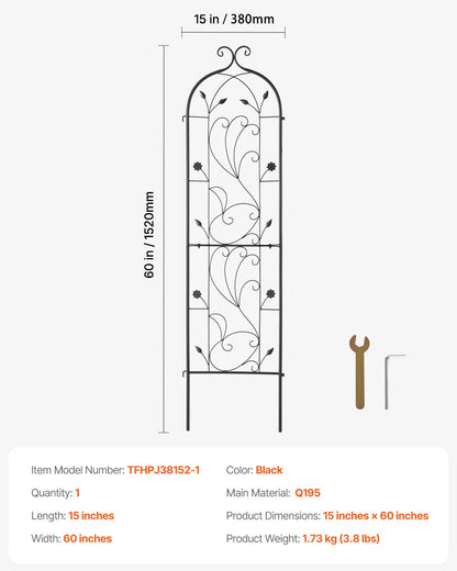 Garden Trellis for Climbing Plants, 60 x 15 in, Rustproof Metal Garden Flower Trellis, Outdoor Climbing Rose Trellis Cucumbers Support, Decorative Tall Clematis Trellis for Courtyards Lawns