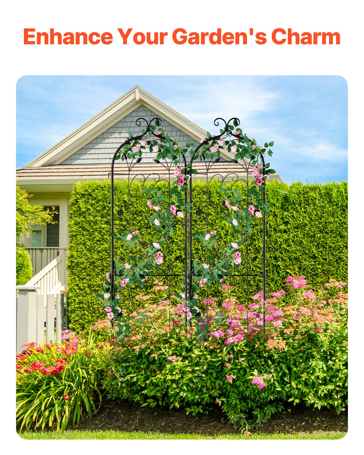 Garden Trellis for Climbing Plants, 60 x 15 in, 2 Packs Rustproof Metal Garden Flower Trellis, Outdoor Climbing Rose Trellis Cucumbers Support, Decorative Clematis Trellis for Courtyards Lawns
