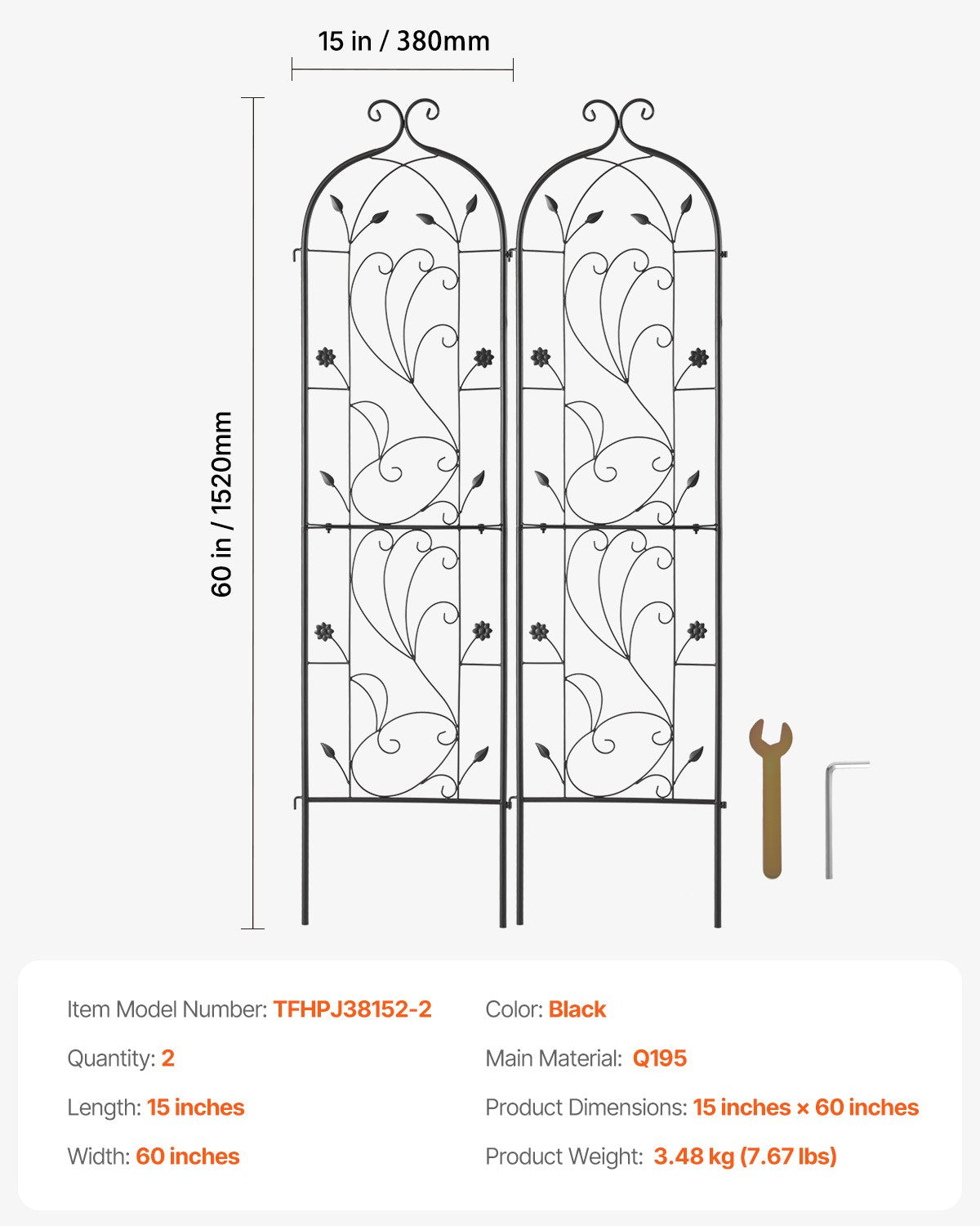 Garden Trellis for Climbing Plants, 60 x 15 in, 2 Packs Rustproof Metal Garden Flower Trellis, Outdoor Climbing Rose Trellis Cucumbers Support, Decorative Clematis Trellis for Courtyards Lawns