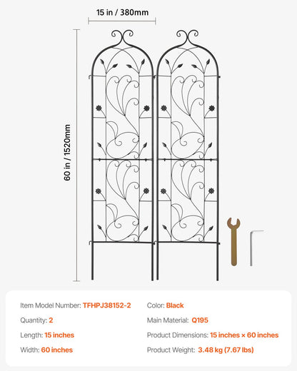 Garden Trellis for Climbing Plants, 60 x 15 in, 2 Packs Rustproof Metal Garden Flower Trellis, Outdoor Climbing Rose Trellis Cucumbers Support, Decorative Clematis Trellis for Courtyards Lawns