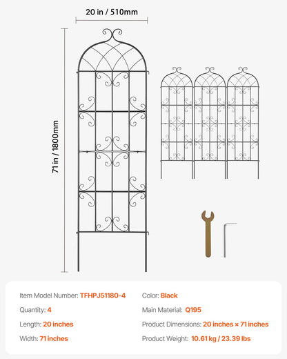 Garden Trellis for Climbing Plants, 71 x 20 in, 4 Packs Rustproof Metal Garden Flower Trellis, Outdoor Climbing Rose Trellis Cucumbers Support, Decorative Clematis Trellis for Courtyards Lawns