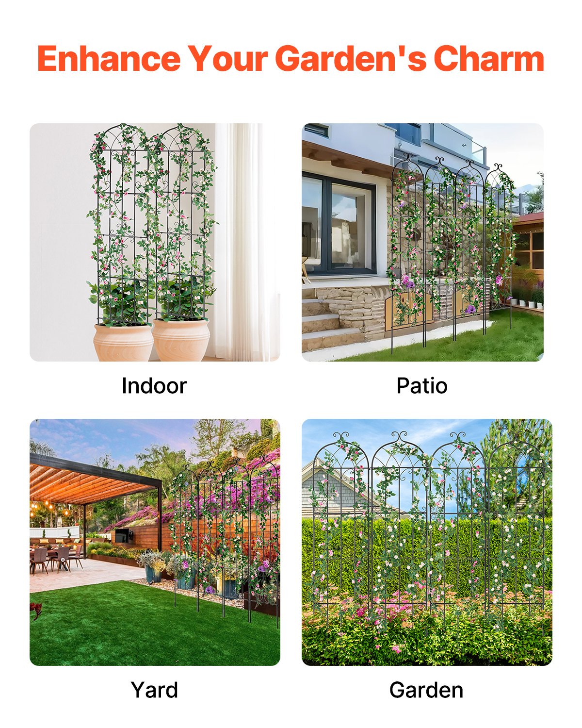 Garden Trellis for Climbing Plants, 87 x 20 in, 4 Packs Rustproof Metal Garden Flower Trellis, Outdoor Climbing Rose Trellis Cucumbers Support, Decorative Clematis Trellis for Courtyards Lawns