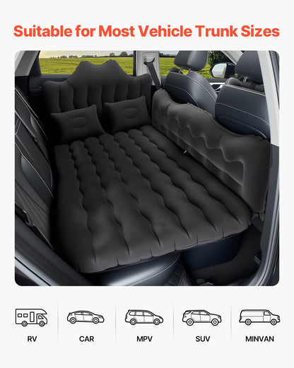 Car Air Mattress, Inflatable Back Seat Car Camping Mattress, Flocking Travel Beds, Durable Portable Sleeping Pad with Air Pump, 2 Pillows, Nozzle, Carry Bag, Fits Most SUV MPV Sedan, Black