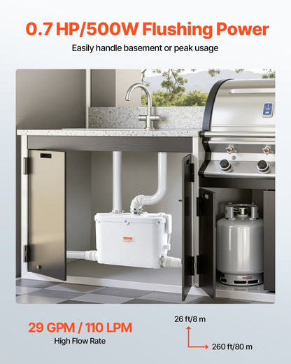 Macerator Pump, 500W, 110 L/min(29 GPM) Flow, 26 ft/8 m Head, Macerator Sewerage Toilet Pump with 4 Water Inlets, Waste Water Disposal Upflush Machine for Kitchen, Basement, Shower, Sink, Laundry, Bathtub