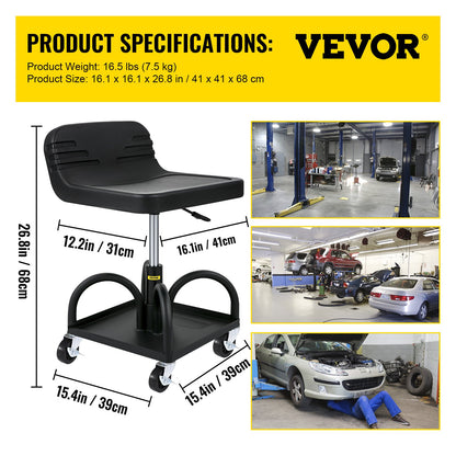 Rolling Garage Stool, 300LBS/136 kg Capacity, Adjustable Height from 15.7 in/40 cm to 20.5 in/52.1 cm, Mechanic Seat with 360-degree Swivel Wheels and Tool Tray, for Workshop, Auto Repair Shop, Black