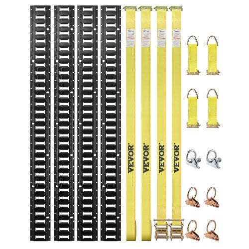 E Track Tie-Down Rail Kit, 18PCS 152.4 cm E-Tracks Set Includes 4 Steel Rails & 2 Single Slot & 6 O Rings & 4 Tie-Offs w/ D-Ring & 2 Ratchet Straps, Securing Accessories for Cargo Motorcycles Bikes