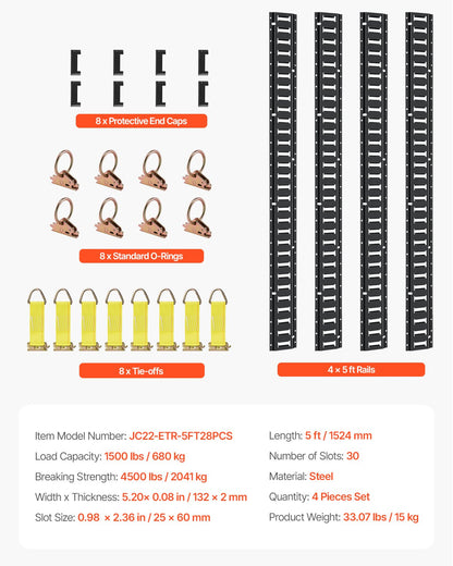 E Track Tie-Down Rail Kit, 30PCS 152.4 cm E-Tracks Set Includes 4 Steel Rails & 2 Single Slot & 8 O Rings & 8 Tie-Offs w/ D-Ring & 8 End Caps, Securing Accessories for Cargo, Motorcycles, and Bikes