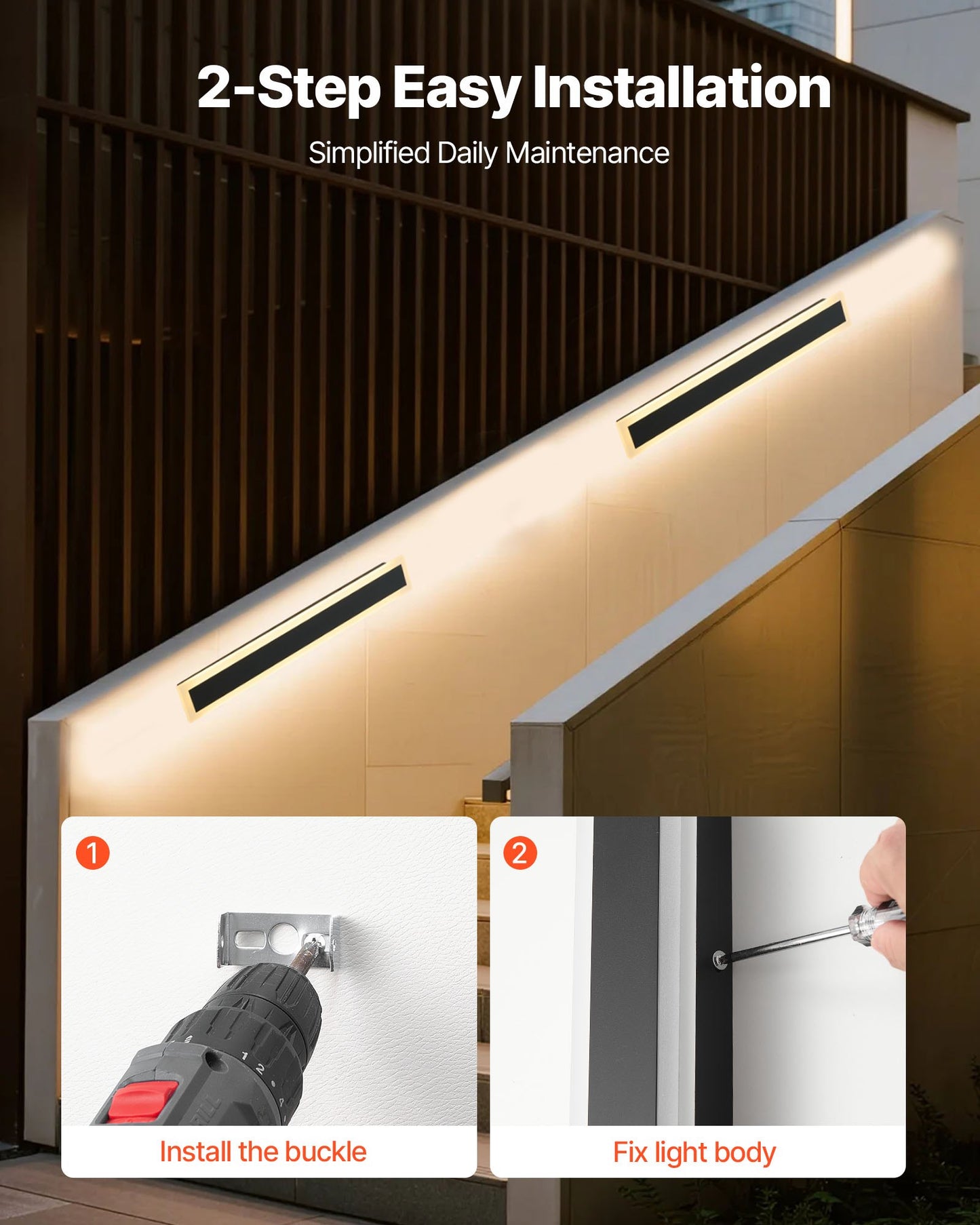 Utomhusvägglampa, 600 mm, lång list modern vägglampa för utomhusbruk, 3000K varmvit, IP65 vattentät, rostfri väggmonterad belysning för uteplats, för hus, veranda, garage