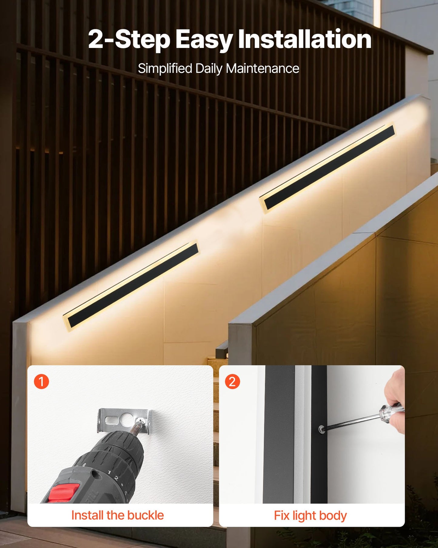 Outdoor Wall Lights, 2 Pack, 800 mm Long Strip Modern Exterior Wall Sconce Light Fixtures, 3000K Warm White, IP65 Waterproof Anti-Rust Outside Wall Mount Lighting, for House, Porch, Garage