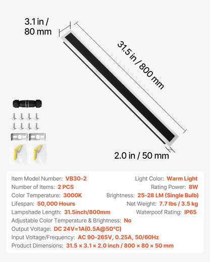 Outdoor Wall Lights, 2 Pack, 800 mm Long Strip Modern Exterior Wall Sconce Light Fixtures, 3000K Warm White, IP65 Waterproof Anti-Rust Outside Wall Mount Lighting, for House, Porch, Garage