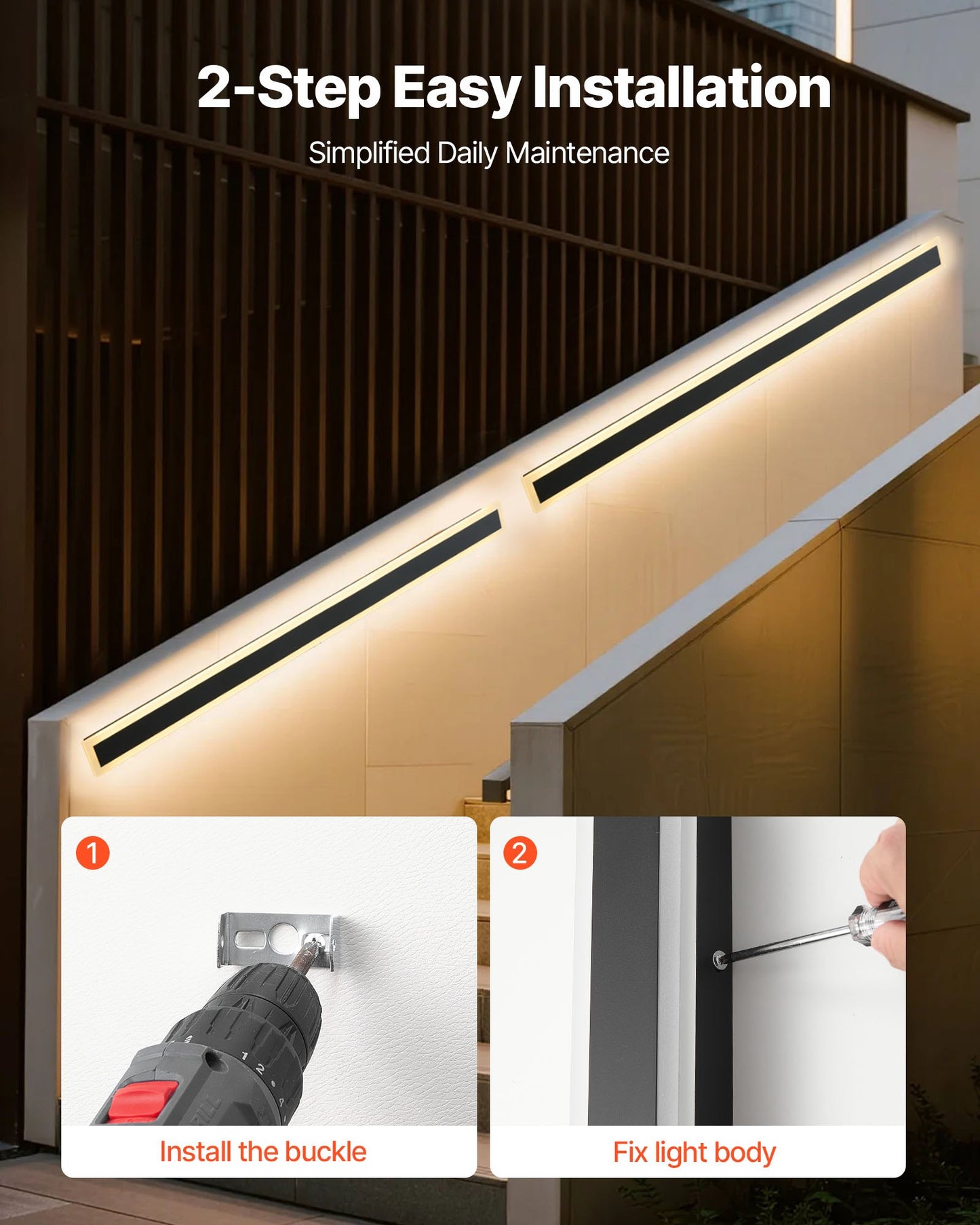 Outdoor Wall Lights, 2 Pack, 1200 mm Long Strip Modern Exterior Wall Sconce Light Fixtures, 3000K Warm White, IP65 Waterproof Anti-Rust Outside Wall Mount Lighting, for House, Porch, Garage