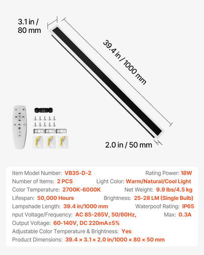 Outdoor Wall Lights, 2 Pack, 1000 mm Long Strip Modern Exterior Wall Sconce Light Fixtures, 2700K-6000K, IP65 Waterproof Anti-Rust, Dimmable Outside Wall Mount Lighting, for House Porch Garage