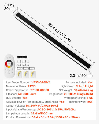 Outdoor Wall Lights, 2 Pack, 1000 mm Long RGB Modern Exterior Wall Sconce Light Fixtures, 2700K-6000K, IP65 Waterproof Anti-Rust, Dimmable Outside Wall Mount Lighting, for House Porch Garage