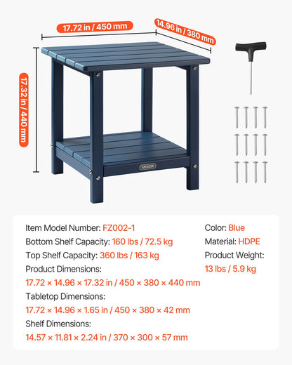 Outdoor Side Table, 450W x 380D x 440H mm, Double Layer HDPE Outside End Table for Easy Maintenance, Withstand Harsh Weather, Fit for Patio, Pool, Beach, Porch, Indoor, Backyard, Blue