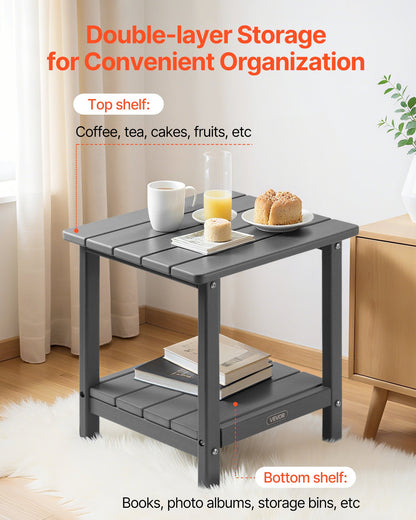 Outdoor Side Table, 450W x 380D x 440H mm, Double Layer HDPE Outside End Table for Easy Maintenance, Withstand Harsh Weather, Fit for Patio, Pool, Beach, Porch, Indoor, Backyard, Grey