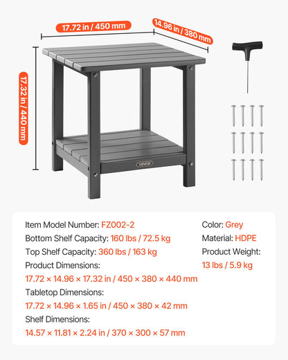 Outdoor Side Table, 450W x 380D x 440H mm, Double Layer HDPE Outside End Table for Easy Maintenance, Withstand Harsh Weather, Fit for Patio, Pool, Beach, Porch, Indoor, Backyard, Grey