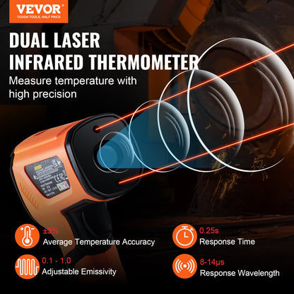 Infraröd termometer, -40~2732°F Dubbel lasertemperaturpistol Beröringsfri, handhållen IR-värmetemperaturpistol med justerbar emissivitet för metallsmältning/matlagning/pizzaugn/motor (ej för människor)